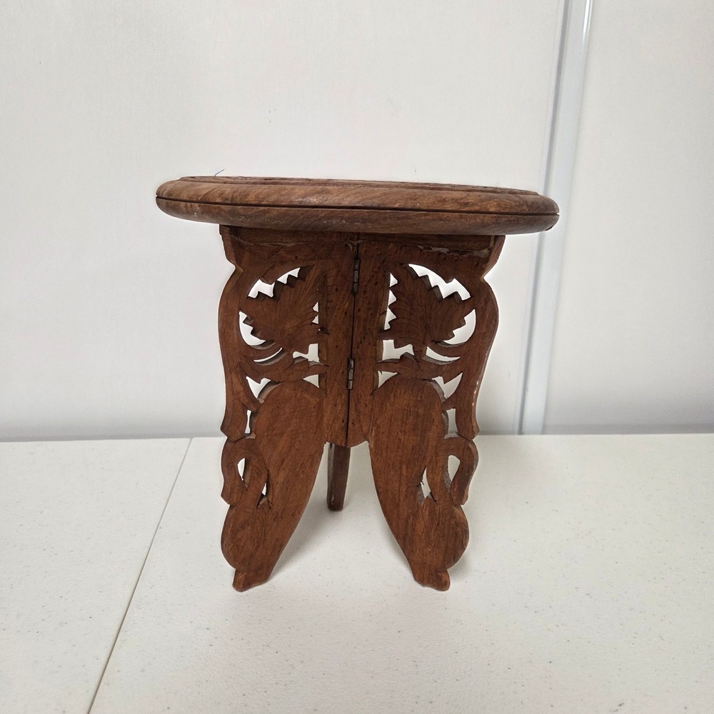 Vintage Hand Carved Wood Folding Plant Stand Small Round Tripod Accent Table - Picture 2 of 4